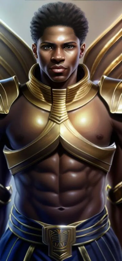 Prompt: detailed eyes, realistic drawings, very realistic eyes, real depth, perfect lighting, all geometrically correct, proportionate face,,technological eyes, light brown skin, tall, egyptian, afro, strong athletic body, energetic plasma wings, vigorous, sword, high detail, fatherly, light armor designs, detailed face, concept art, character art, golden belt, landscape egyptian,