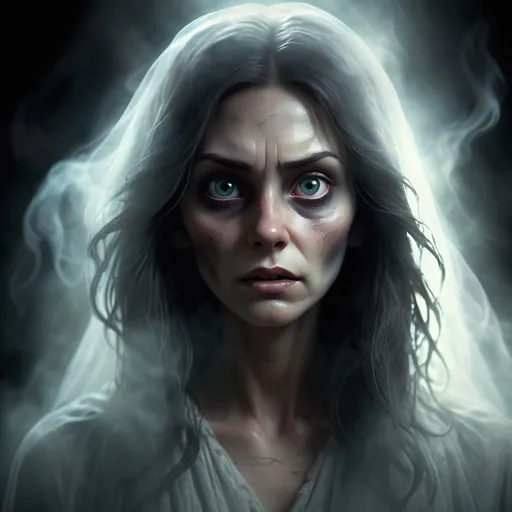 Prompt: Ghost spirit woman, haunting, eerie atmosphere, horror, high resolution, haunting, dark tones, atmospheric lighting, scary, detailed facial features, spooky, supernatural, misty aura, chilling presence, best quality