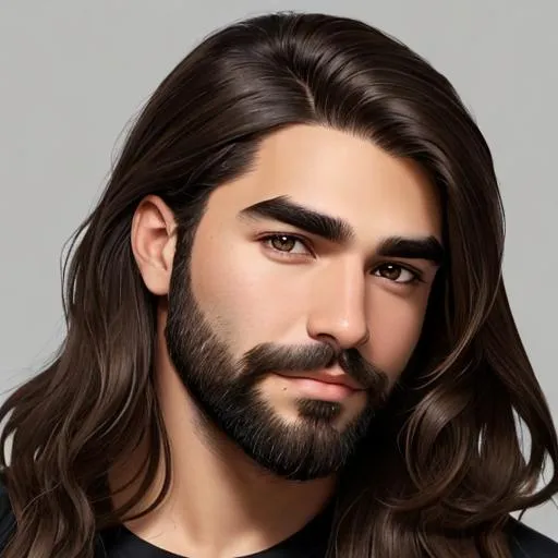 Prompt: man, brown middle part hair, medium long hair, brown eyes, thick black eyebrows, oval face, scruffy beard