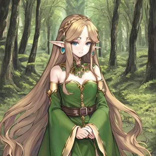 Prompt: pretty elf girl wilth long brown hair in a forest with earrings and a long gown