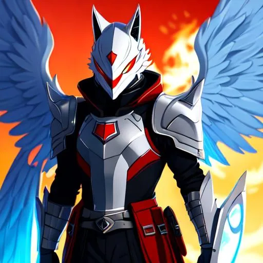 Prompt: a male protogen fursona, well drawn, masterfully drawn, 4k, HD, firebird with firewings on his back, medieval future, war