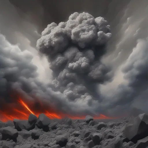 Prompt: Fever Time, ash falling like snow, bursts of volcanic grey rocks and ash, vicious volcanic grey clouds, masterpiece, best quality, in modern art style