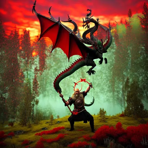 Prompt: Odin the ultimate Northman, viking, Nordic, Mage, explosion of crystals, highly detailed supreme mymir aura, dragon, flying under red sky and big symbol, CROWned , creepy luscious green forest , rhads, beeple,  alphonse mucha, clever global illumination, highly detailed and intricate environment background crystals madhouse, 