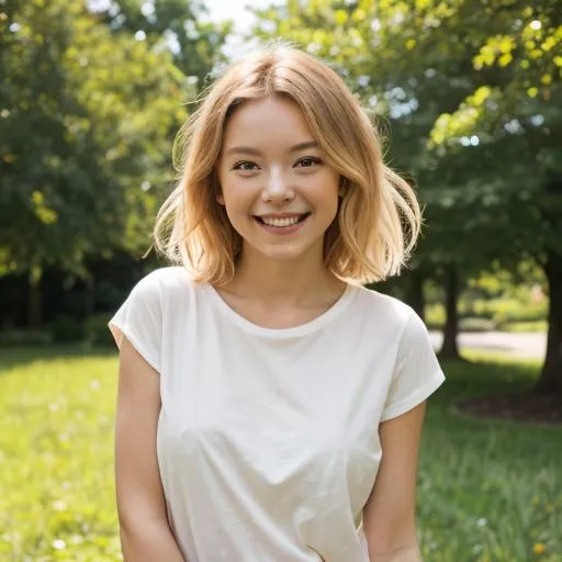 Prompt: "Create an image of a cheerful blonde girl wearing a simple T-shirt. She stands confidently in front of the camera, her bright smile exuding warmth and happiness. The setting is a natural outdoor environment, perhaps a park or garden, with soft natural light illuminating her. The image should capture a sense of natural beauty and simplicity."