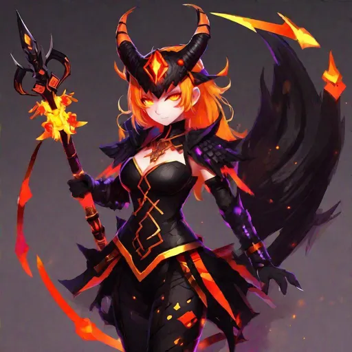 Prompt: Dark Inferno Magical Transformation Girl, black costume with dusk-red ribbons and belts, four glowing red-orange horns, orange-red Ero-hawk hairstyle, glowing yellow eyes, long black tail with spikes, black swords with gold hilt, black and purple demon wings, masterpiece, best quality
