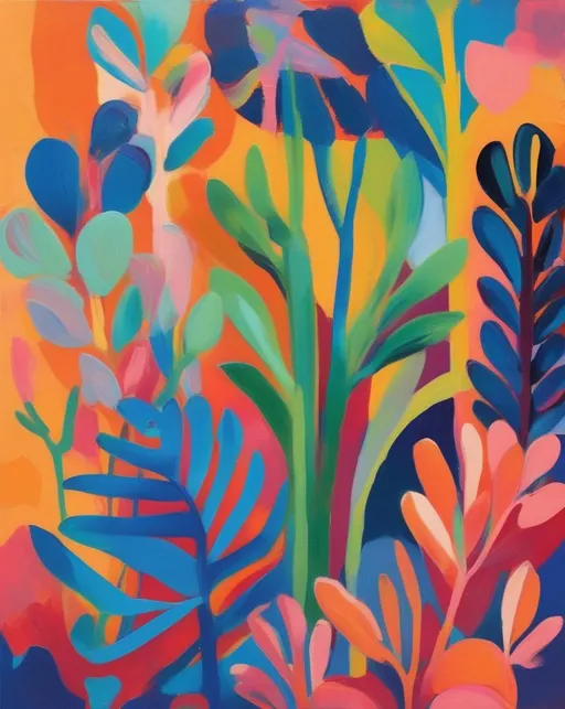 Prompt: A fauvism-inspired artwork celebrating the joy of nature with bold colors and organic shapes. Capture the image with natural light to enhance the vibrancy.