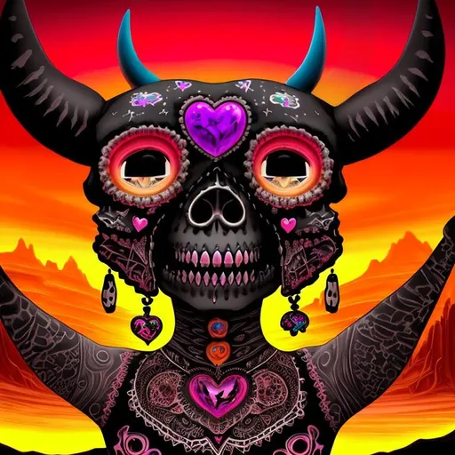 Prompt: Beautiful, Epic, Amazing, dark, 3D, HD, ink, (Beautiful {Sugarskull}{Cow-Skull} and happy face), freeform psychedelic chaos ultra HD, digital painting,  desert with {heart-shaped Sunset} background, uber detailed, 64k, high quality, sharp focus, studio photo, intricate details, highly detailed --s98500