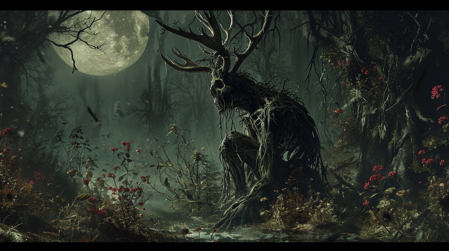 Prompt: mothman + wendigo, emaciated with skin clinging tightly to rib cage, deer skull and long majestic horns, body tangled in vines and dead flowers, standing in a dying forest in the full moon --ar 16:9 --v 6.0
