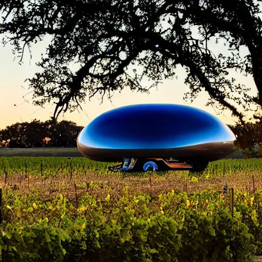 Prompt: a scarab spaceship landing in a north texas vineyard in the evening