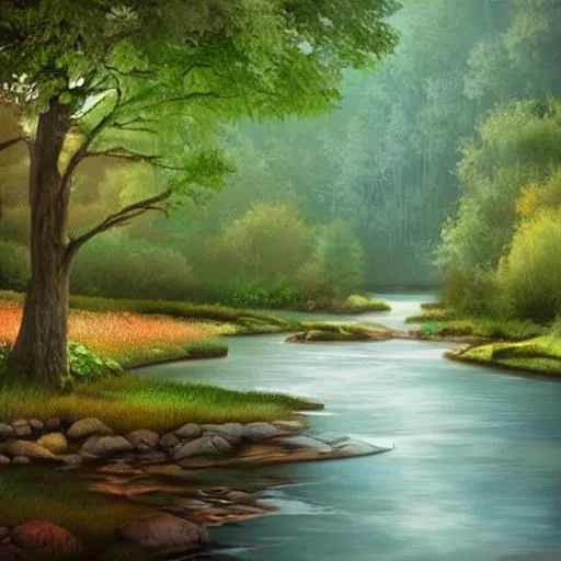 Prompt: Create a digital painting of a serene and tranquil forest scene with a river running through it. Use a color palette that emphasizes natural earthy tones and soft, diffused lighting to create a peaceful mood
