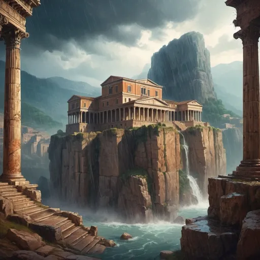 Prompt: (ancient scene) 1st century luxury big Roman palace under the rain, majestic architecture roman empire, perched alone on a rocky spur, surrounded by towering mountains, vibrant painting style, detailed textures