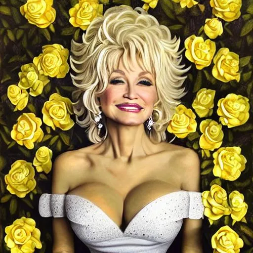 Prompt: Oil painting by Artgerm portrait of Dolly Parton wearing a white glittery gown, surrounded by beautiful yellow roses, award-winning cgi, blender, photoshop 