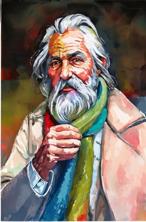 Prompt: Portrait painting of a man with long gray hair and short gray beard wearing a multi-color scarf holding a coffee mug indoors with vibrant colors