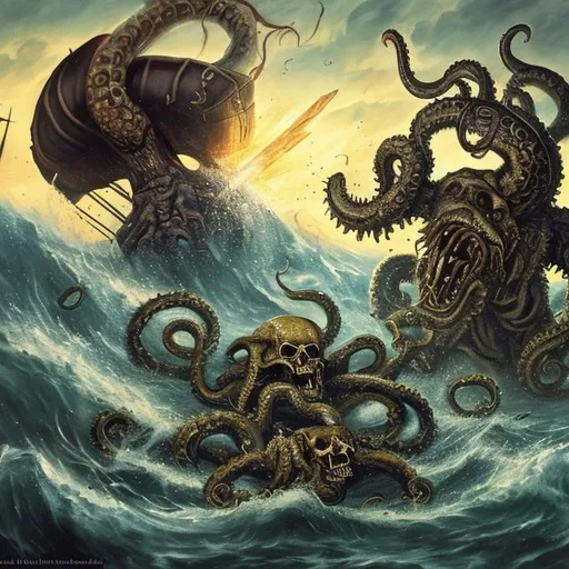 Prompt: rönesans painting of a skeleton fighting a kraken with an axe as among us flys in the ocean with sun light coming down on the battle and war bouts are around them  