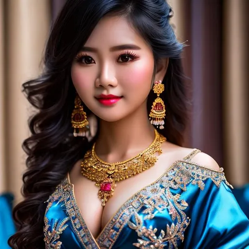 Prompt: couple of beautiful young cambodian girl, (12 years old), wearing tight blue kimono, jewelry, ((very huge breast)), pornstar, body tattoo, detailed full body, cleavage, detailed face, detailed body, natural make up, realistic, HDR, 4K