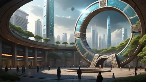 Prompt: magical portal between cities realms worlds kingdoms, circular portal, ring standing on edge, upright ring, freestanding ring, hieroglyphs on ring, complete ring, ancient chinese architecture, gardens, hotels, office buildings, shopping malls, large wide-open city plaza, turned sideways view, futuristic cyberpunk tech-noir setting