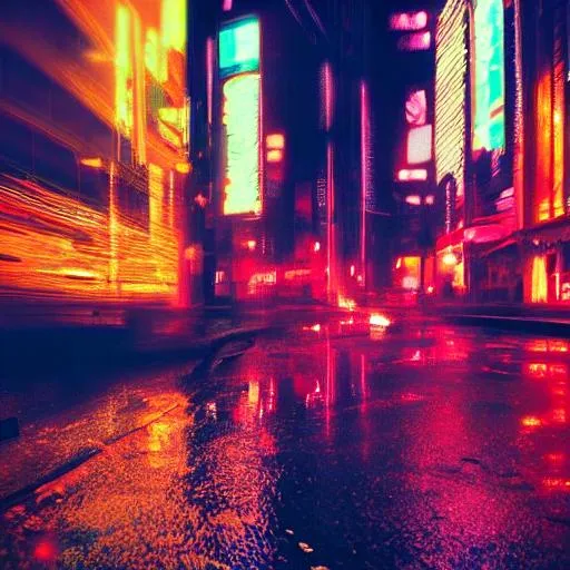 Prompt: intricate colors, its a rainy day, motion blur, no one in car, dark city, cyberpunk vibes, neon city, future, abandoned, 