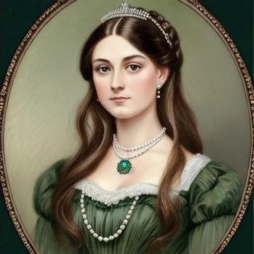Prompt: portrait of a beautiful Victorian woman with long brown hair and dark green eyes wearing a diamond tiara and a pearl necklace