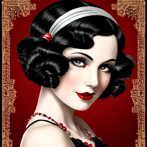 Prompt: 20's fashionable  flapper girl,black finger curl hair, red lips, facial closeup
