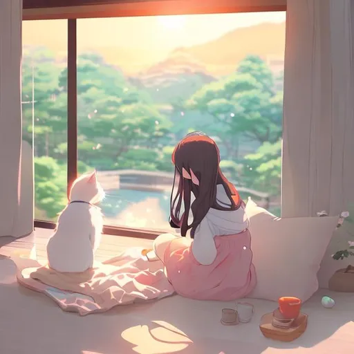 Prompt: a korean girl sitting with her cat watching the sunset ina soft anime style