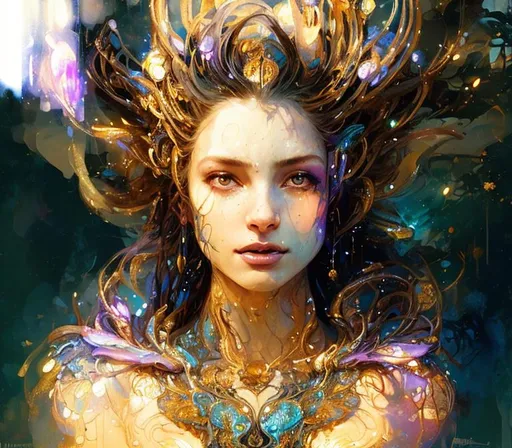 Prompt: blue woman, aura, flower, photorealistic,
soft impressionist brush strokes, canvas texture in the style of richard schmid tight crop muted colors portrait painting magical glowing pretty smiling pixie queen in ornate translucent glowing black and gold armor with glowing spells and magical lighting by Jean-Baptiste Monge:20 Artgerm:5 and Greg Rutkowski:30 by richard schmid :10 . Painting by richard schmid. 
