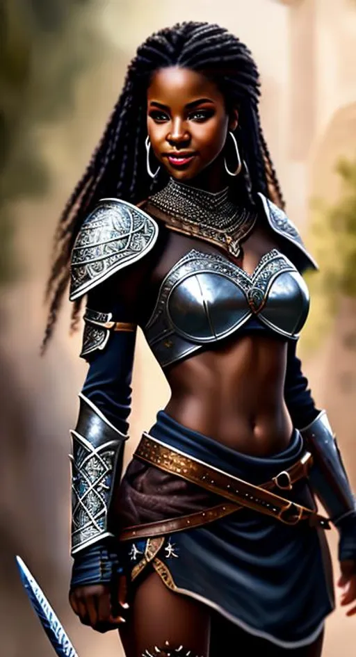 Prompt: High-resolution hyper realistic painting of {topless, medieval fantasy ebony, highly detailed, short hair,  skirt, fullbody, tight, abs}, uhd, hdr, 64k, epic scene, sharp edges, wearing armor, expressive amused lips. Little smile. Clean. Intricate detailes.