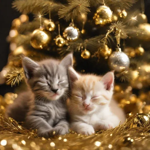 Prompt: kittens sleeping under a gold christmas tree