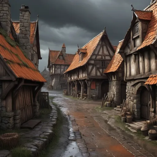 Prompt: Weathered Warhammer fantasy RPG style village, close-up view, high definition, dark atmosphere, eerie atmosphere, detailed weathering, medieval fantasy, worn stone buildings, orange roof tiles, intricate wooden structures, rugged terrain, overcast sky, dramatic lighting, high quality, detailed, RPG style, village setting, medieval, weathered textures, intricate details, after rain, muddy road, cart with manure