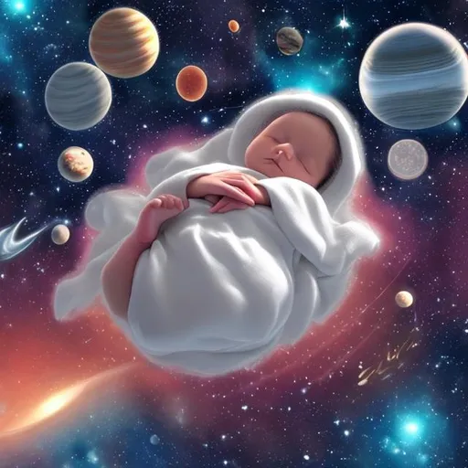 Prompt: a baby in space in the fetal position sleeping in gods arms
