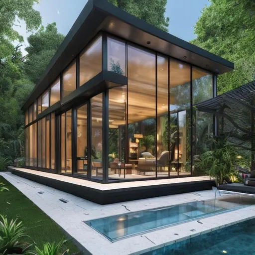 Prompt: Create a luxury stand alone enclosed structure, in a backyard. Modern architectural design. Resembling a "she-shed" or "babe cave". With large glass floor to ceiling windows. Professional Photo Realistic Image, hyper detailed, intricately detailed, intricate detail, 8k resolution, masterpiece, splash arts, ultra details Ultra realistic, hi res, UHD, 64k, HDR.