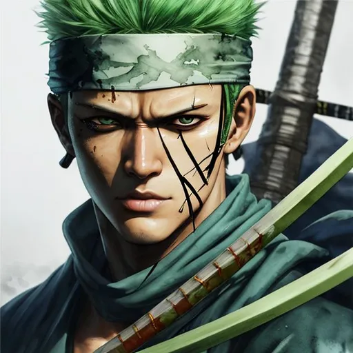 Prompt: Roronoa Zoro, viking,  portrait, Unreal Engine, Beautiful, Hd Photography, Hyperrealism, Beautiful Watercolor Painting, black bandana, three katanas, closed cut left eye