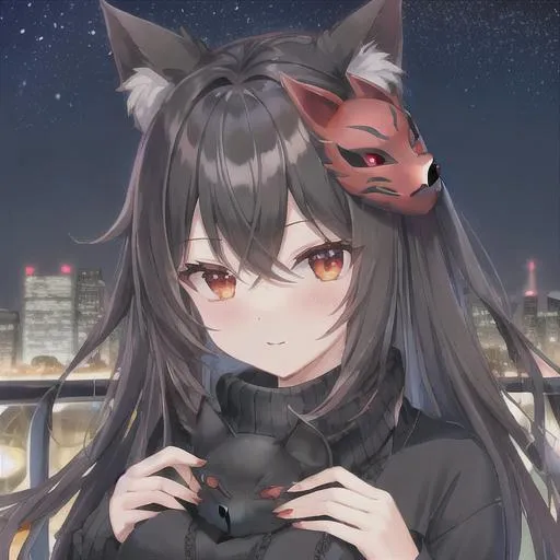 Prompt: Cute female cat around 15 black hair and red eyes at night Cityscape in the future wearing a mask and a sweater 