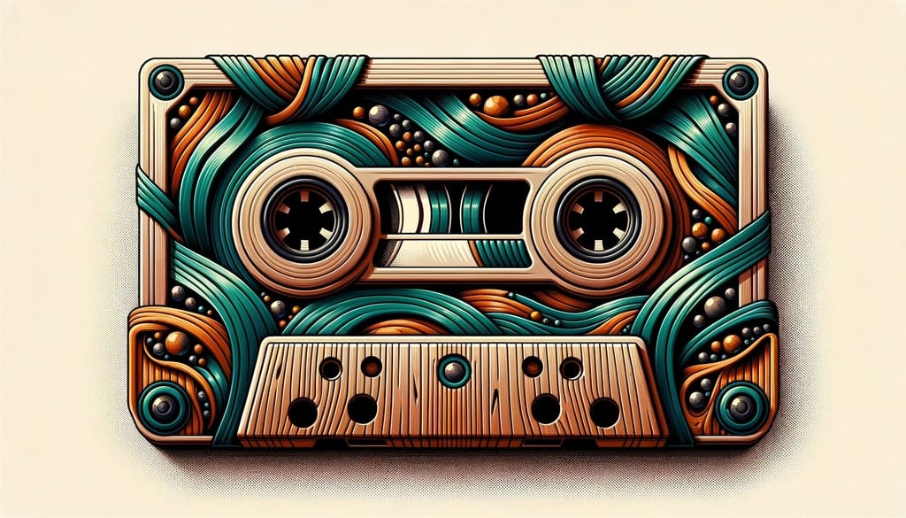 Prompt: Illustration of a cassette tape with bentwood texture, influenced by trance compilation CD designs, adorned with dark aquamarine and amber details.