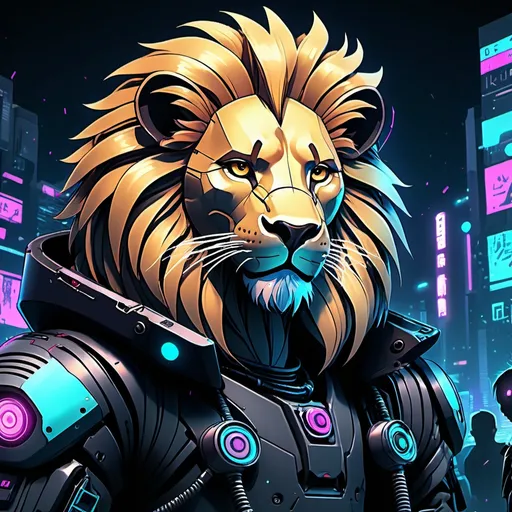 Prompt: Anime cyberpunk style,lion in a party, highly detailed, HD, dark background