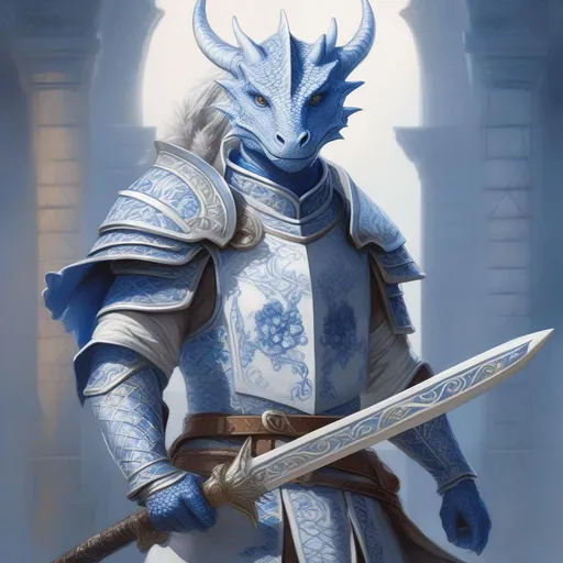 Prompt: A beautiful blue and white Dragonborn with no hair holding a greatsword, perfect composition, hyperrealistic, super detailed, 8k, high quality, trending art, trending on artstation, sharp focus, studio photo, intricate details, highly detailed, by Greg Rutkowski, illustration, watercolor