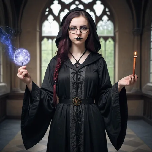 Prompt: Magic student, young, female, nerdy, gothic, medivial style robe