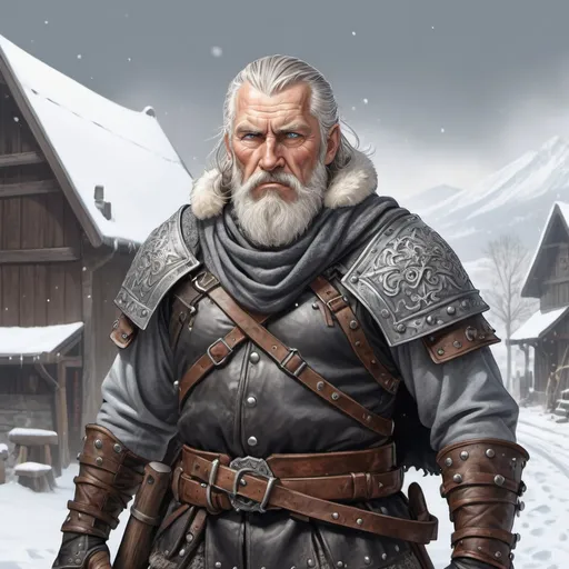 Prompt: Full body, Fantasy illustration of a male wiking warrior, elderly with grey hair and beard, leather armor with rivets, bandanna, calm expression, high quality, 
rpg-fantasy, detailed armor, snow covered wiking town background