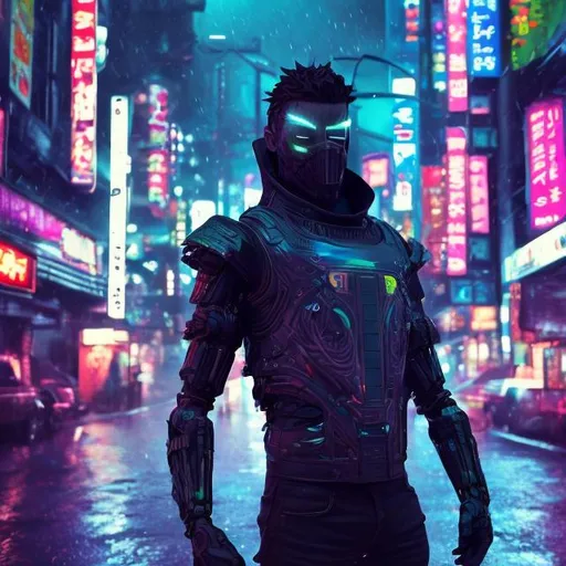 Prompt: New bearded anti-hero. Futuristic. Bionic limbs. Black and neon. Gritty. Exhausted. Anime. Neo tokyo. Holographic armour.  In rain. Devious trickster. Weapon