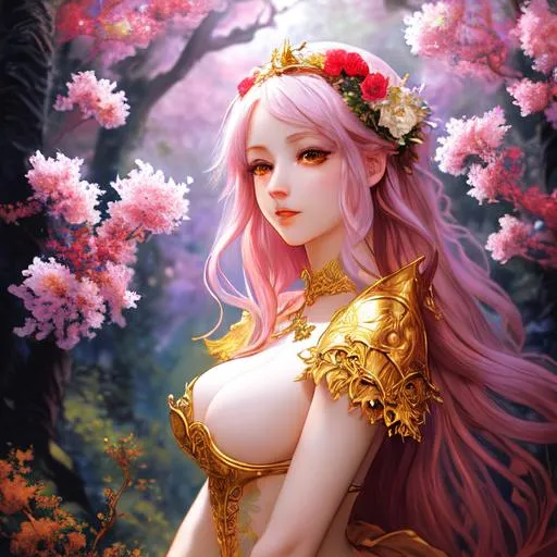 Prompt: Chiaroscuro, full-body painting of a beautiful pale-skinned night elf girl ((((no cloths)))), style of Fragonard and Yoshitaka Amano (red hair with flowers, messy), ropes, ((forest background)), bioluminescent, (wearing intricate clothes) silver gothic armor with golden filigree details and ornamental pauldrons, vines, delicate, soft, fireflies, spiders, spider webs, webs, silk, threads, ethereal, luminous, glowing, dark contrast, celestial, ribbons, trails of light, 3D lighting, soft light, vaporware, volumetric lighting, occlusion, Unreal Engine 5 128K UHD Octane, fractal, pi, fBm, mandelbrot