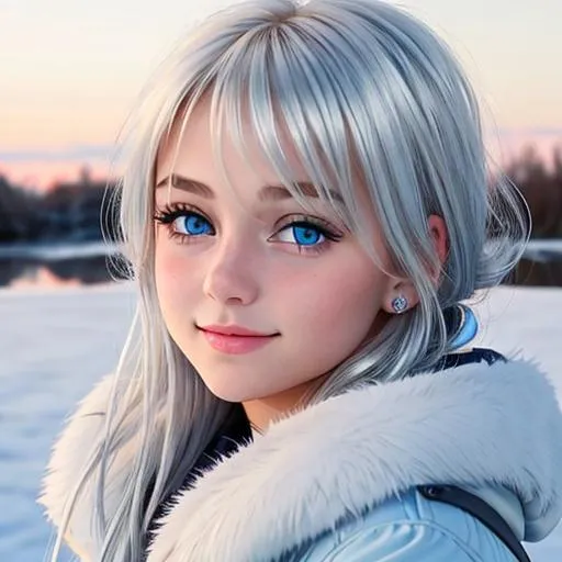 Prompt: young girl,  blonde hair,covered in frost, bashful hypnotic blue eyes, calm bashful smile, gorgeous silver hair