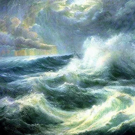 Prompt: a vision of god during a storm in the sea