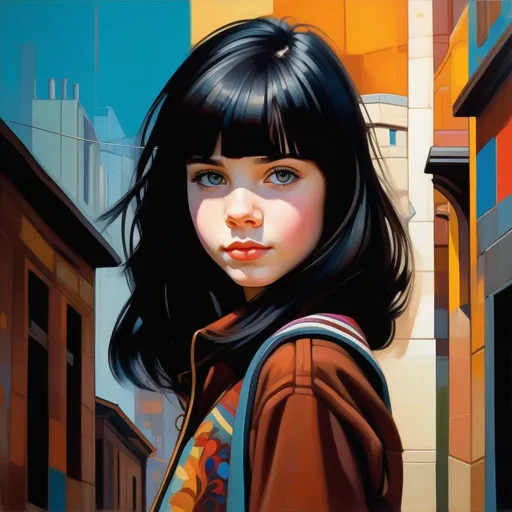 Prompt: Facial portrait of a 12 years old girl, pale skin, black hair, bangs, dark brown eyes, colorful clothes, urban setting, stylized font, cartoony style, extremely detailed painting by Greg Rutkowski and by Henry Justice Ford and by Steve Henderson
