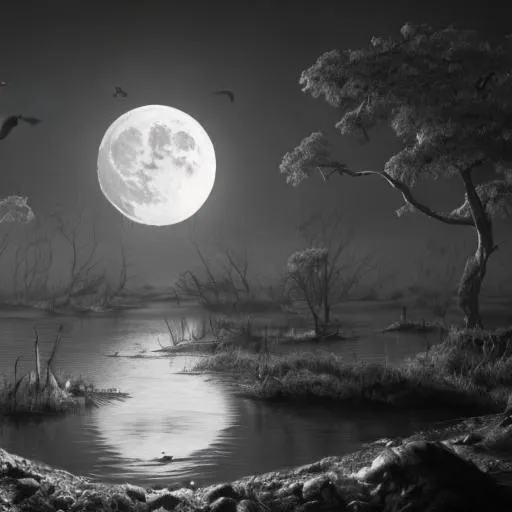 Prompt: Detailed charcoal drawing of an eerie lagoon, afull moon, birds flying