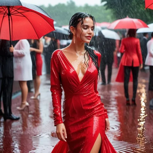 Prompt: photo of young woman, soaking wet clothes, black stiletto heels, elegant red gown, elegant red gown with very low neckline, visible navel,  , red carpet gala in the rain,   enjoying, water dripping from clothes, clothes stuck to body,  detailed textures of the wet fabric, wet face, wet plastered hair,  wet, drenched, professional, high-quality details, full body view.