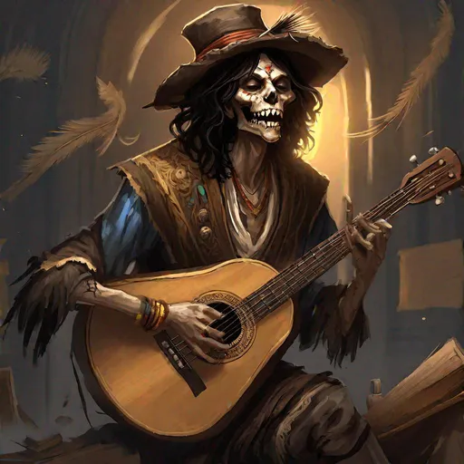 Prompt: Full body splash art of a sweet, youthful, young, handsome, male undead zombie bard, singing and playing the lute, gaunt mummified face, sharp teeth, black hair, skinny, noble royal clothes, puffy sleeves, floppy hat with feathers, D&D, dnd, fantasy, highly detailed, sharp focus, digital painting, trending on artstation, 4k, 8k, unreal engine