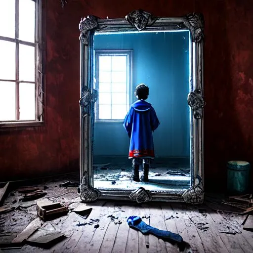 Prompt: A boy wizard, facing away, wearing a boots and a blue robe, looking at a red shadow in an antique silver mirror in an old, abandoned room with cobwebs.