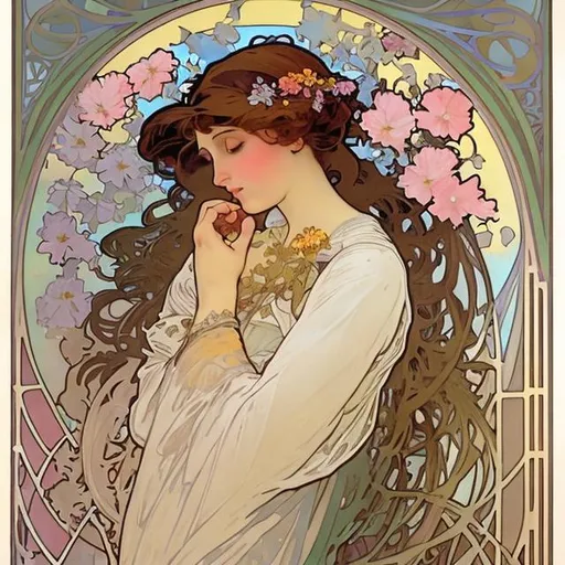 Prompt: A beautiful woman with flowers and birds in pastel colors of gouache paint, Art noveau by Alphonse Mucha