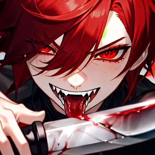 Prompt: Male feminine body (Short Black and red hair that falls between the eyes) 8k, UHD, smiling sadistically, eyes wide open, licking the blade of a bloody knife, close up, fangs 