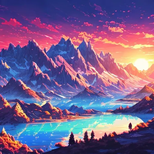 Prompt: 4k high quality,, anime, Mountains and lake dark and colorfull, evening sun set
