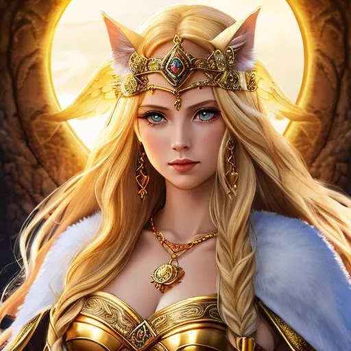 Prompt: freyja goddess of love, fertility, magic and war, norse woman, smooth skin, feathered cape, blonde long hair, beatiful woman, cats, golden necklace, wing ears, vanir, viking warrior, valkyrie
